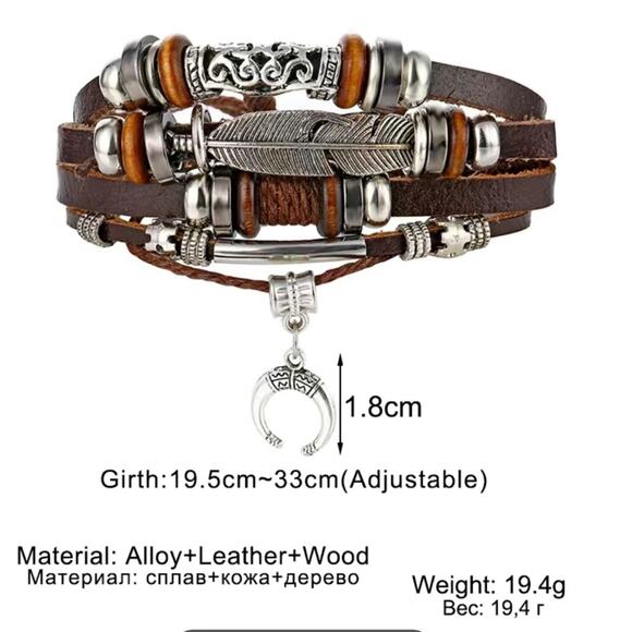 Moon Feather Multilayer Leather Bracelet Silver Tone Adjustable Punk Bohemian - Picture 5 of 5